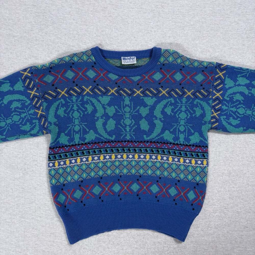 Vintage Meister 100% New Wool Blue Geometric Pattern Ski Sweater Medium